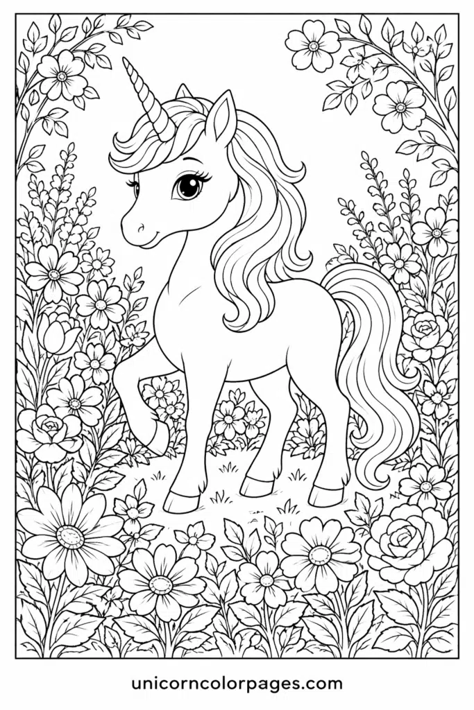 Unicorn in flower garden coloring page with floral frame
