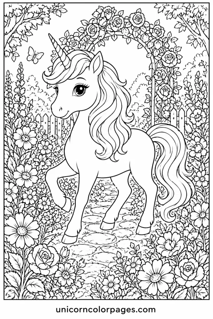 Unicorn in floral arch garden coloring page