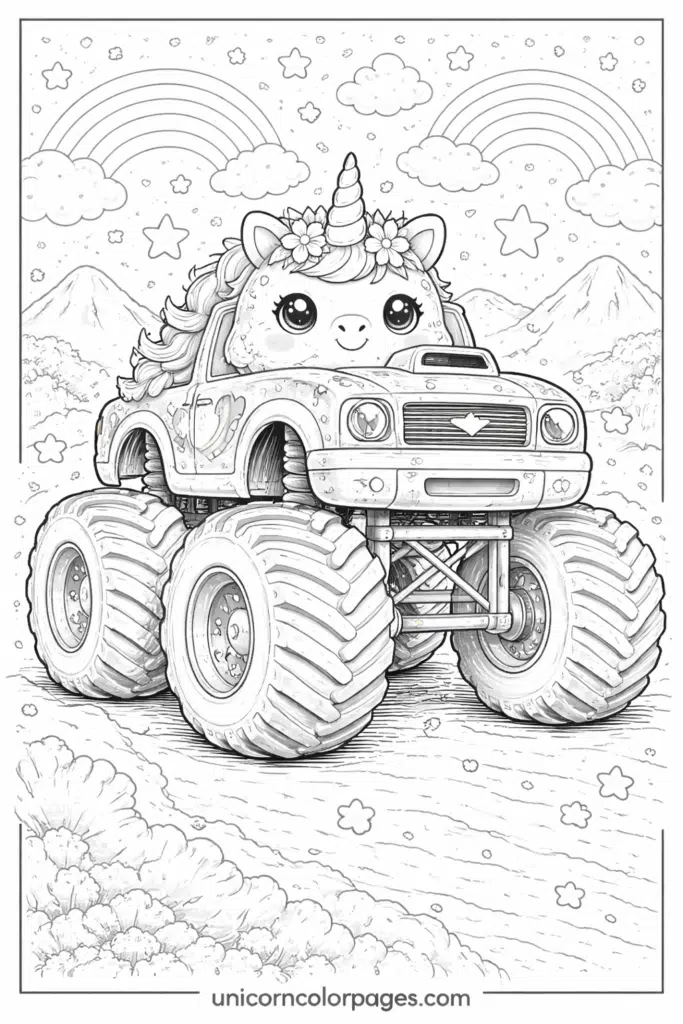 unicorn monster truck coloring page printable pdf cute unicorn truck with big wheels stars rainbow for kids