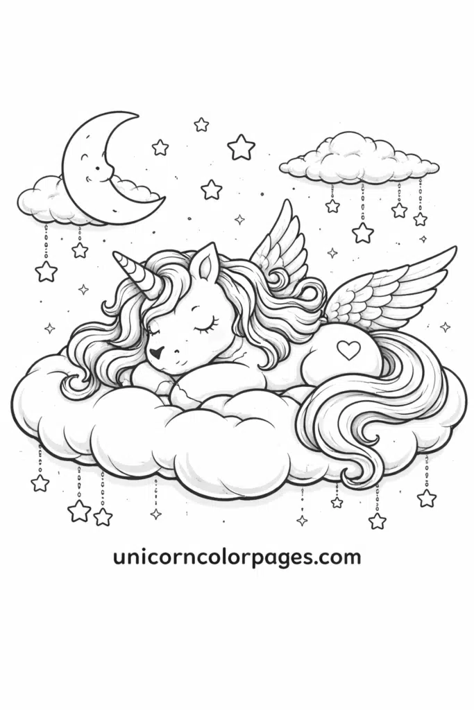 Elegant winged unicorn sleeping on a cloud with stars and hanging sky elements, detailed coloring page.