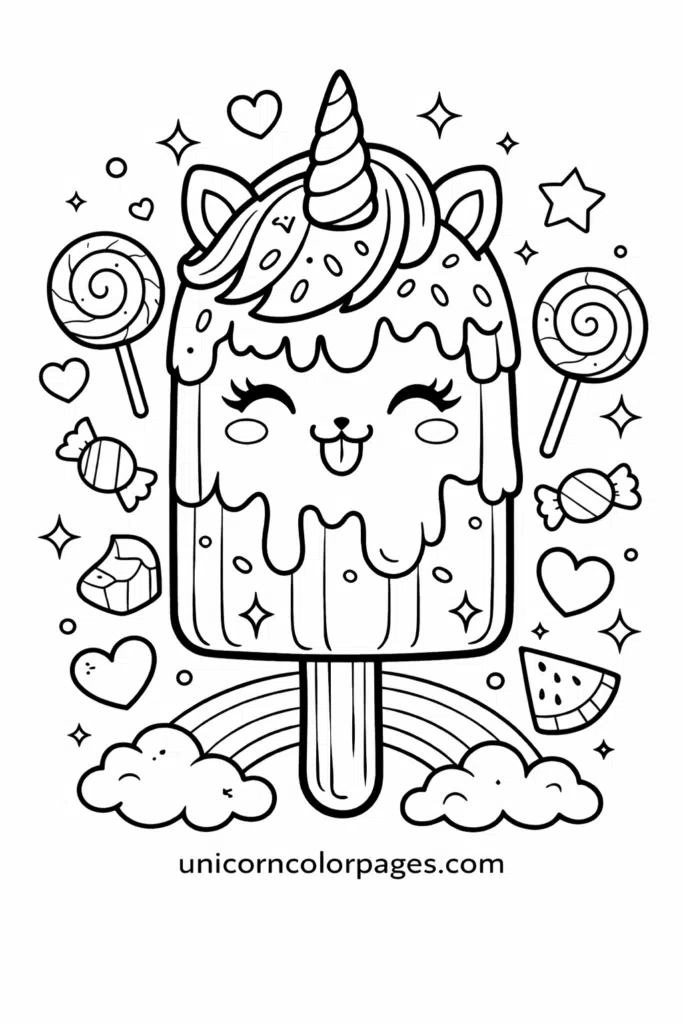 Unicorn popsicle coloring page printable with cute ice cream unicorn design, stars and sprinkles for kids
