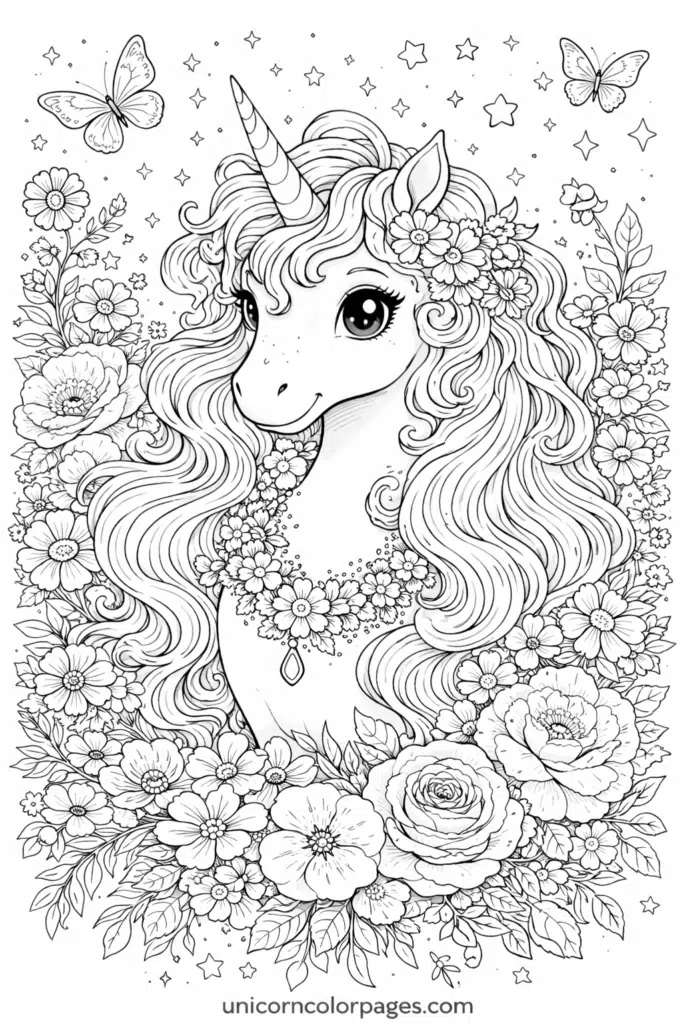Unicorn surrounded by flowers and butterflies