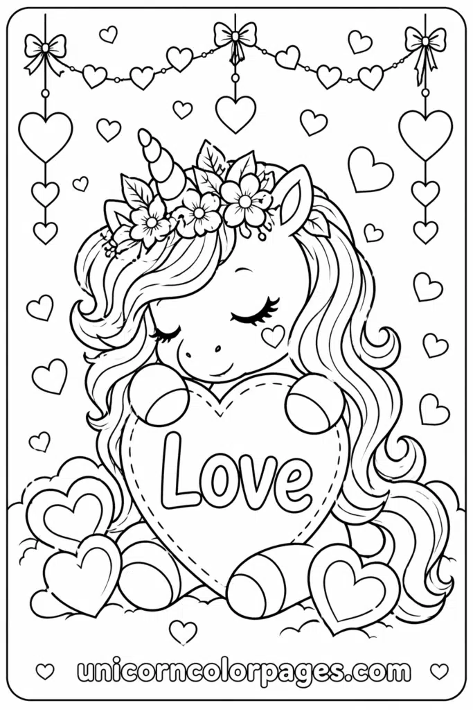 Unicorn hugging heart “Love” Valentine coloring page