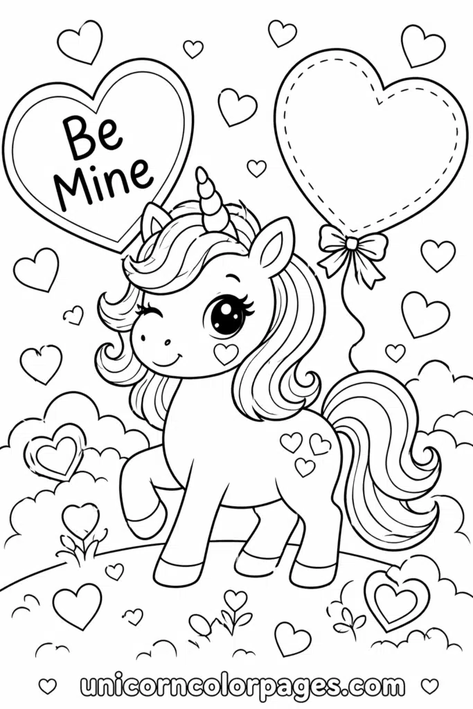 Chubby unicorn with “Be Mine” heart balloon coloring page
