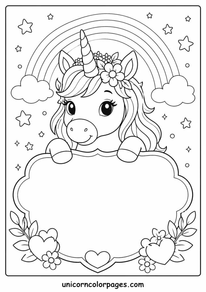 Cute unicorn coloring page with rainbow, stars, and blank name frame.
