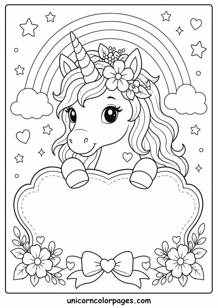 Unicorn with floral crown and bow frame coloring page.