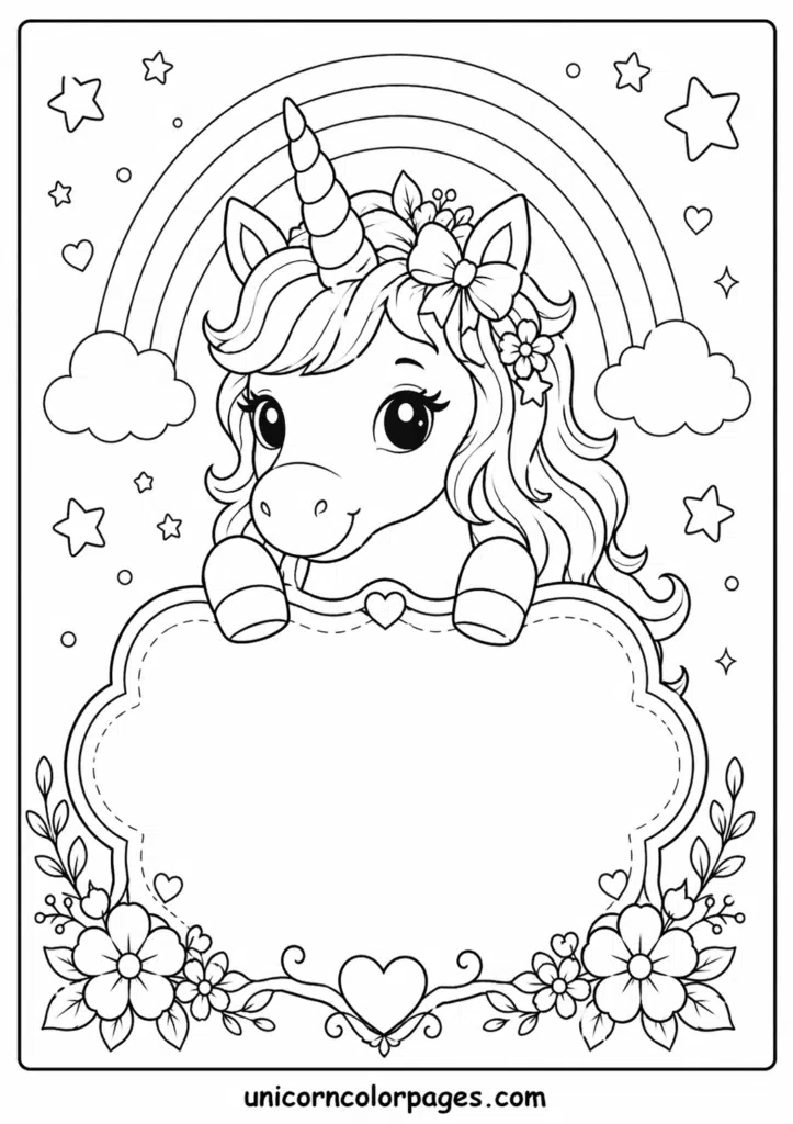 Adorable unicorn with stars and floral border coloring page.