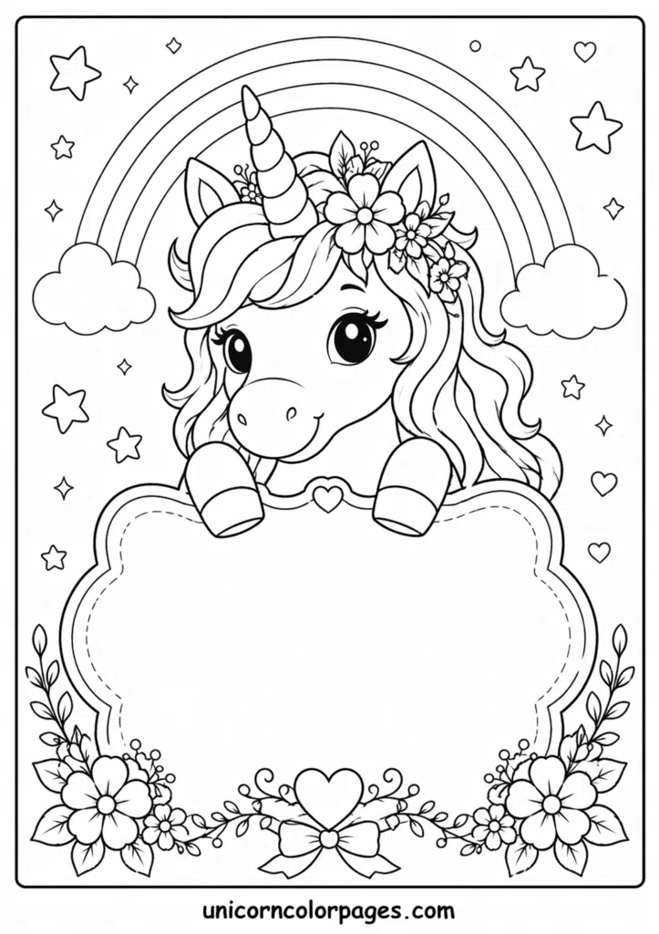 Personalized unicorn coloring page with decorative frame and rainbow.