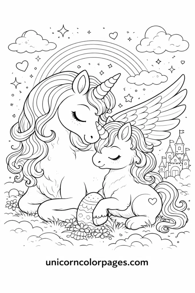 Unicorn mom and baby coloring page printable with cute mother and baby unicorn, stars and hearts for kids
