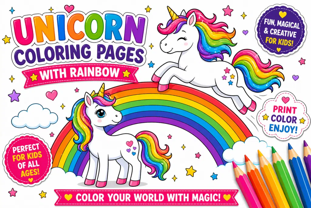 Unicorn coloring pages with rainbow unicorns jumping over rainbow.