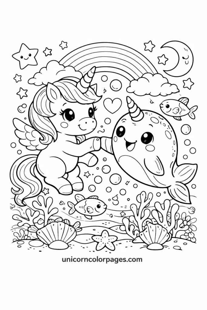 narwhal and unicorn coloring page printable with cute ocean and magical unicorn design for kids
