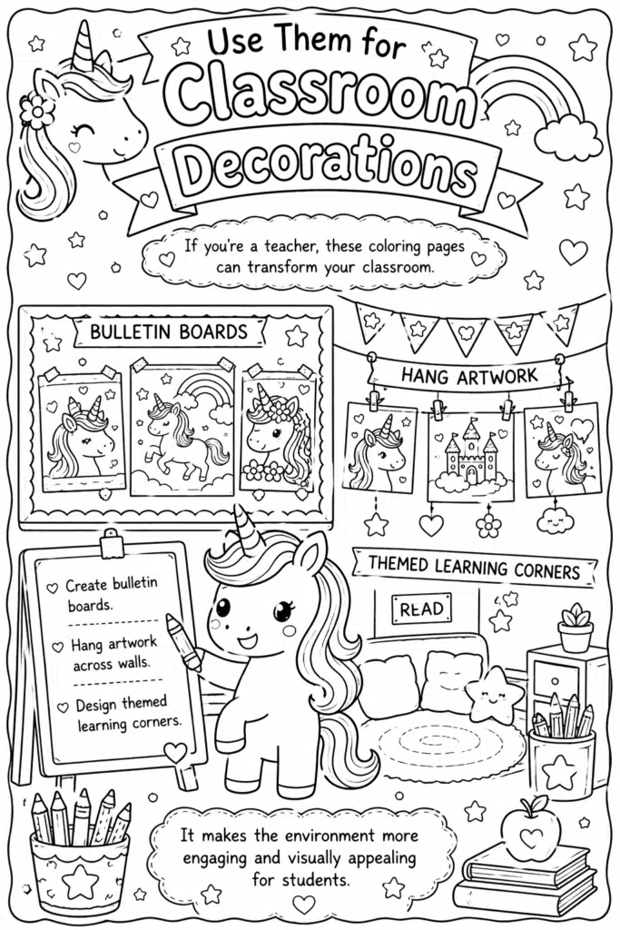 Unicorn classroom decorations coloring page with bulletin boards, hanging artwork, and learning corner ideas.