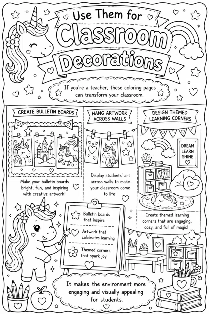 Vertical unicorn classroom decor coloring page with sections for boards, artwork display, and themed corners.