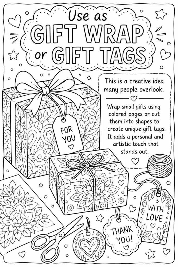Black-and-white coloring page with gift boxes, tags, and text about using pages as gift wrap or tags.