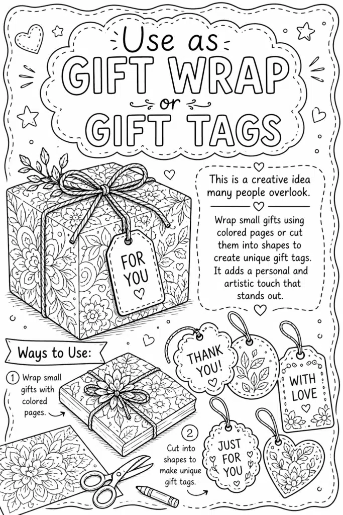 Printable coloring page with gift-themed illustrations and wrapping/tag ideas.