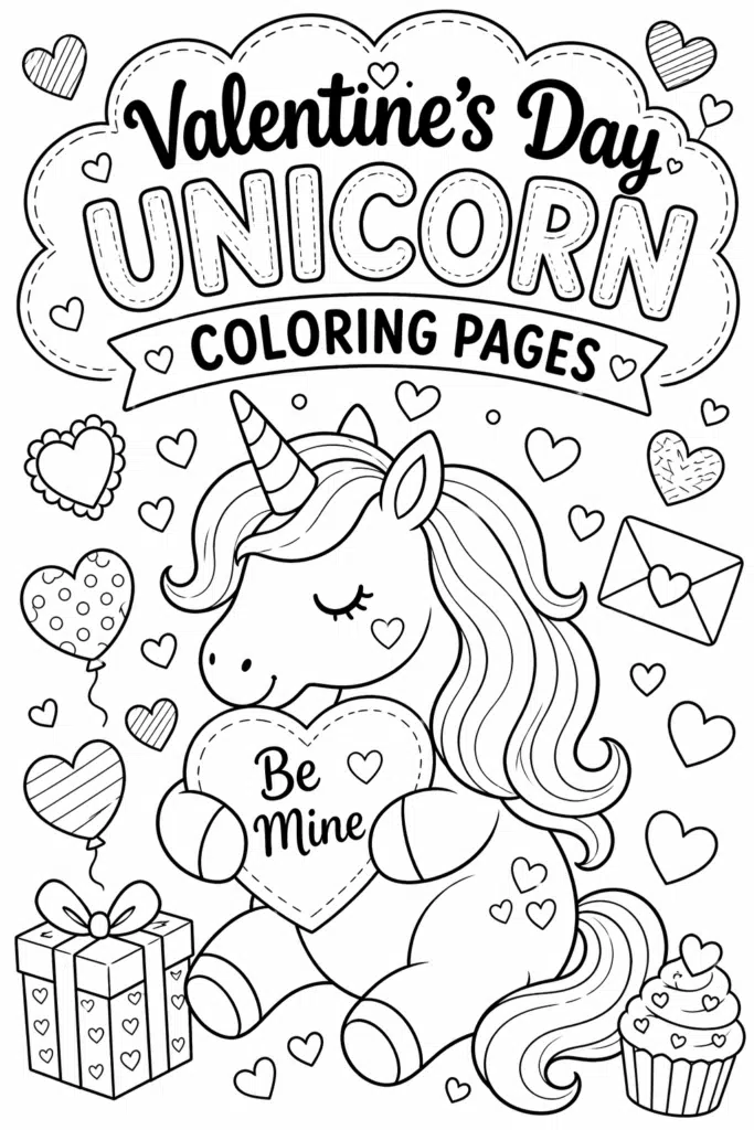 Valentine’s Day unicorn coloring page with hearts, gift box, cupcake, and cute unicorn holding a “Be Mine” heart.