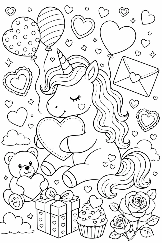 Black and white Valentine unicorn coloring page with hearts, teddy bear, roses, and no text.