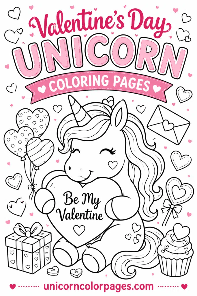 Cute Valentine unicorn coloring page with balloons, hearts, and unicorncolorpages.com text at the bottom.
