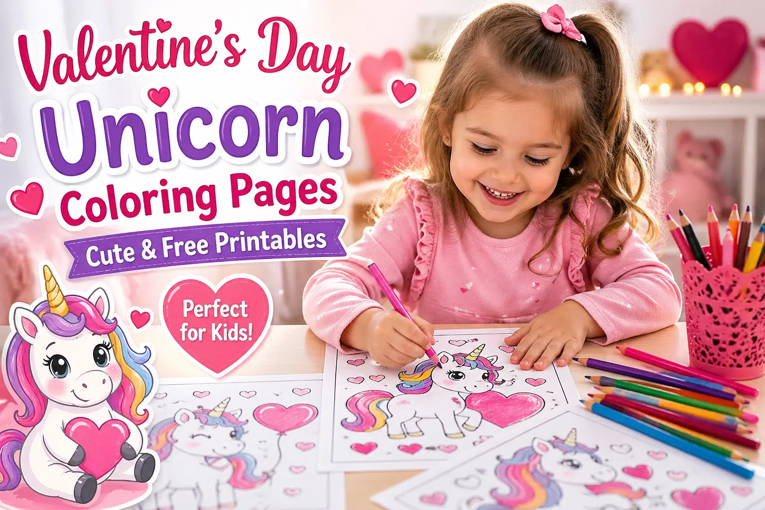 Happy baby girl coloring a unicorn Valentine’s Day page with hearts and crayons on a table