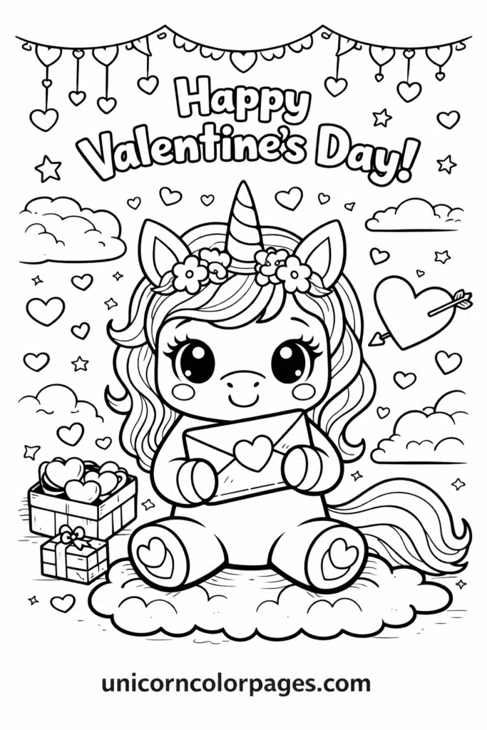 valentines day unicorn coloring page black and white cute unicorn with hearts printable for kids