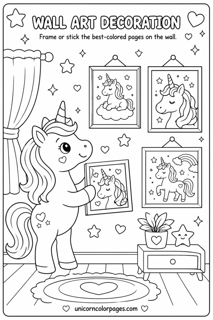 Unicorn coloring page with framed artwork on a decorated wall in a cozy room.