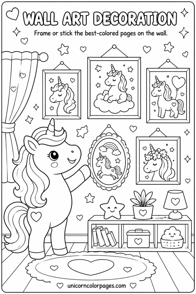 Unicorn decorating a wall with colorful framed pictures in a kid-friendly coloring page.