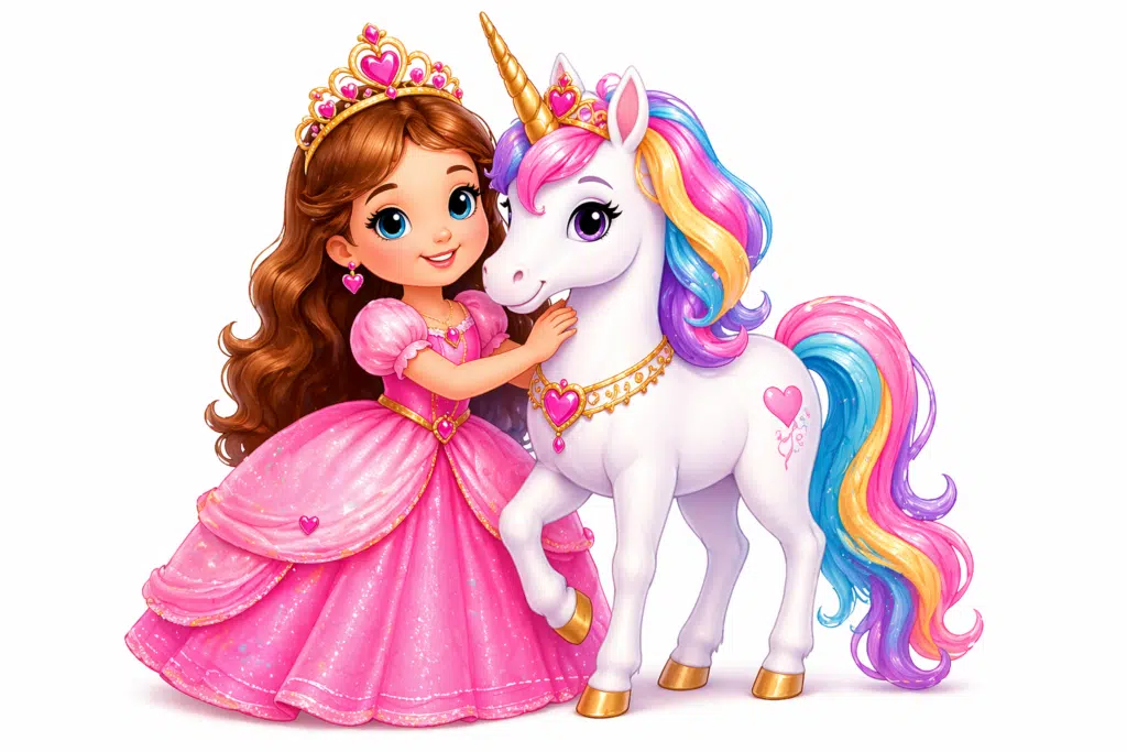 Cute princess girl with magical rainbow unicorn on white background.