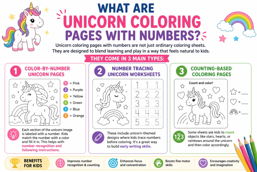 Unicorn coloring pages with numbers infographic showing color-by-number, number tracing, and counting worksheets on white background.