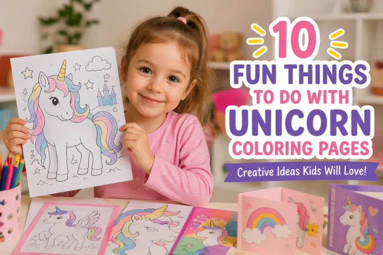 Baby girl holding unicorn coloring page with creative craft ideas and colorful drawings on table