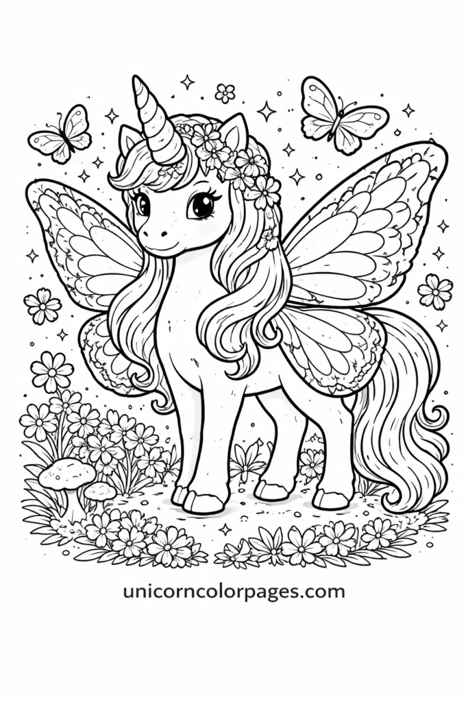 Unicorn butterfly coloring page printable with cute winged unicorn, butterfly wings, stars and flowers for kids