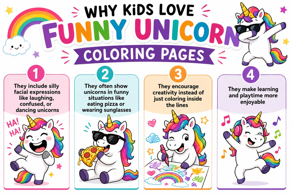 Funny unicorn coloring pages infographic with silly unicorn designs like laughing, pizza, and dancing unicorns