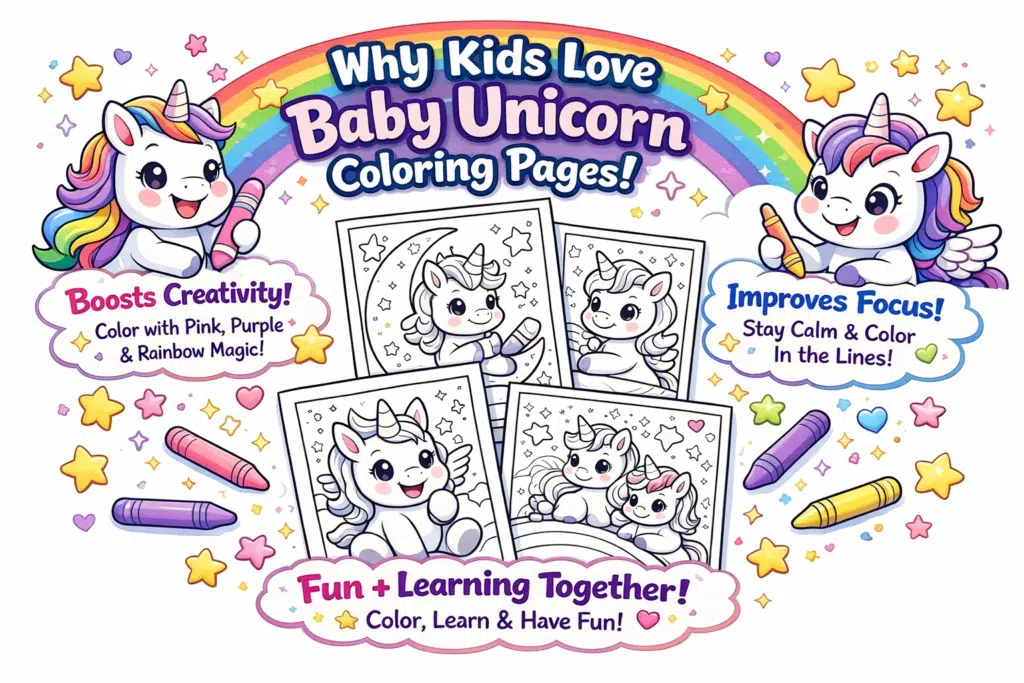Baby unicorn coloring pages banner with crayons, rainbow, and creativity benefits.
