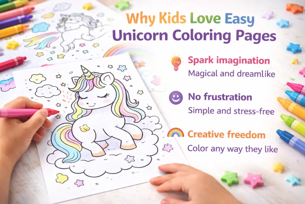 Child coloring easy unicorn coloring page showing creativity and imagination with simple design