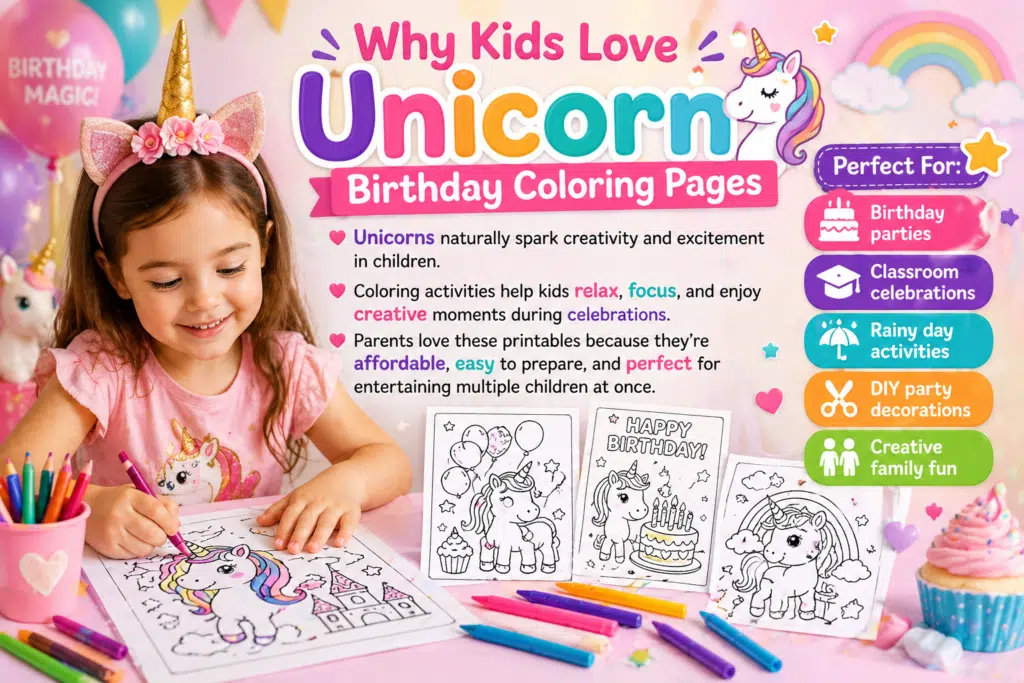 Happy little girl coloring a unicorn page beside colorful birthday decorations and unicorn printables.