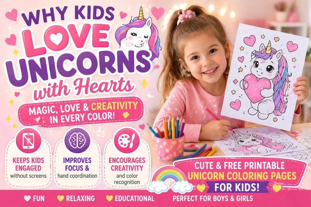Happy little girl showing unicorn with hearts coloring page with bright text about why kids love unicorn coloring activities.