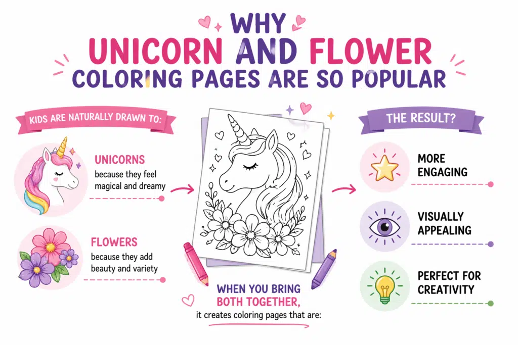 Infographic showing why unicorn and flower coloring pages are popular, with simple icons and a clean white background.