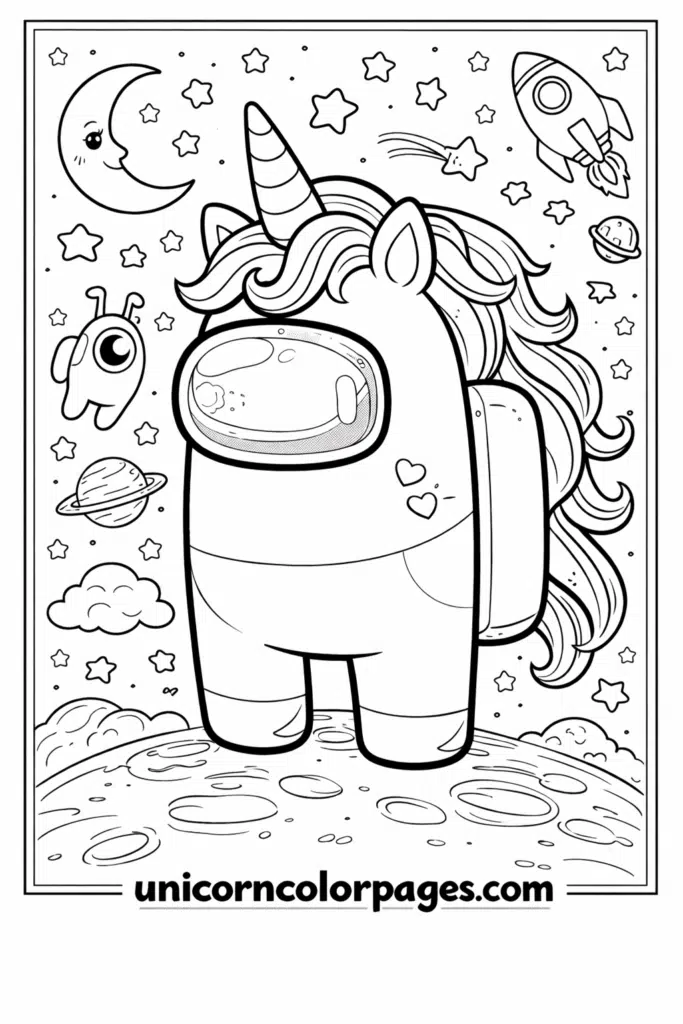 Among Us unicorn coloring page featuring a cute crewmate unicorn character with simple outlines for kids
