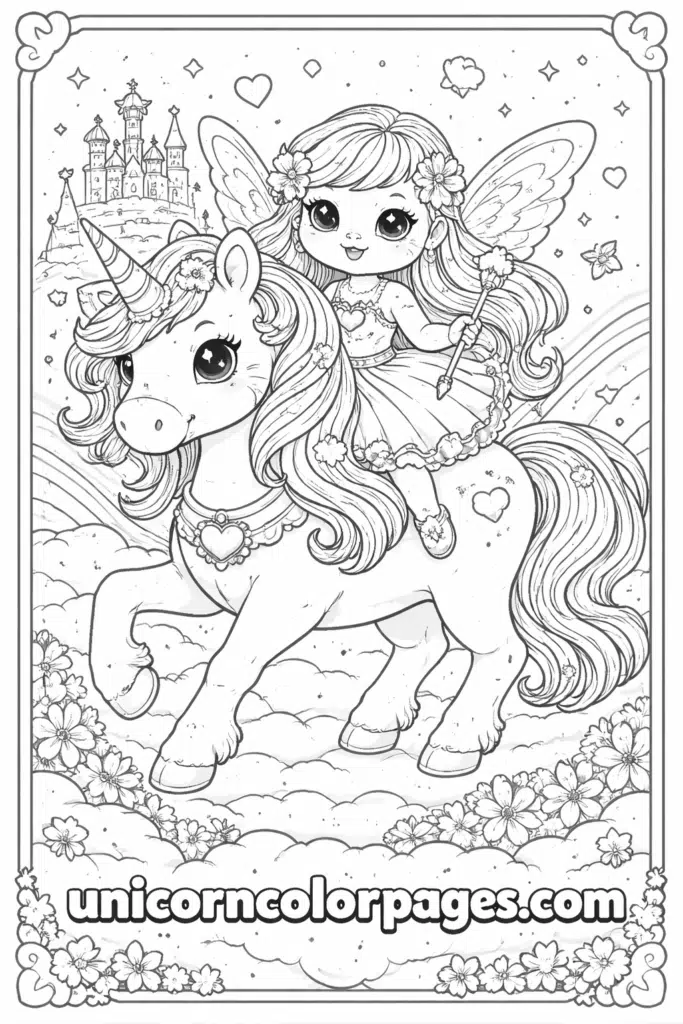 fairy on a unicorn coloring page featuring a magical fairy riding a unicorn with simple outlines for kids