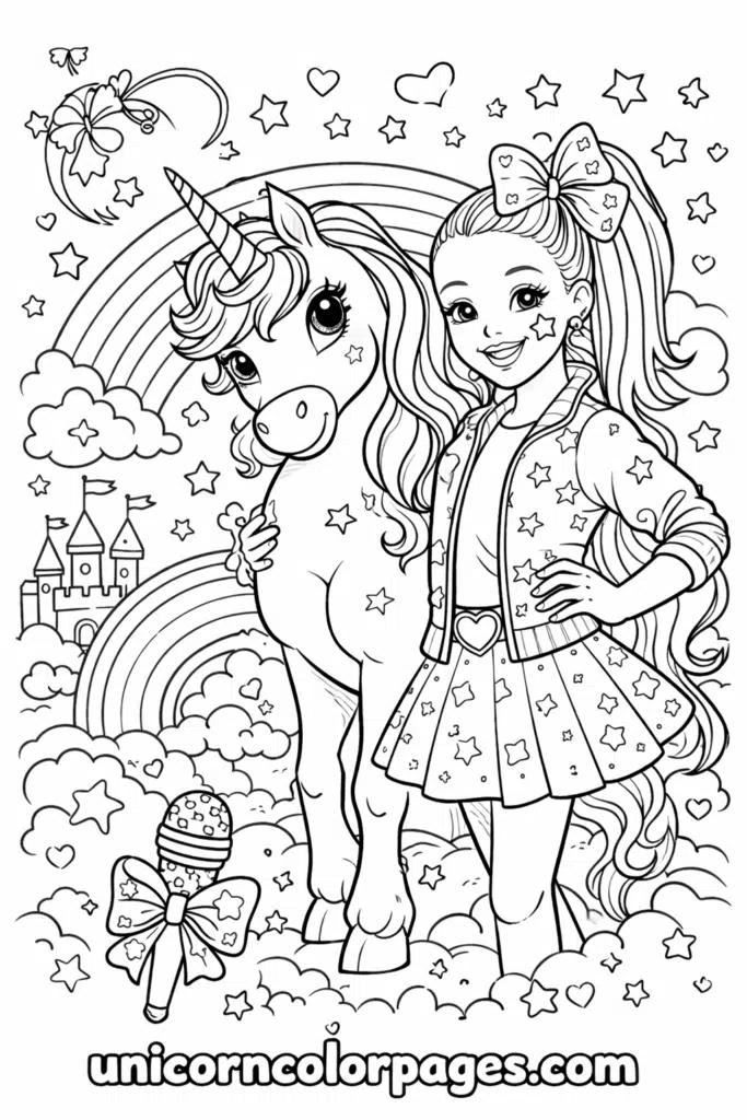 JoJo Siwa unicorn coloring page printable with cute bow and magical unicorn design for kids