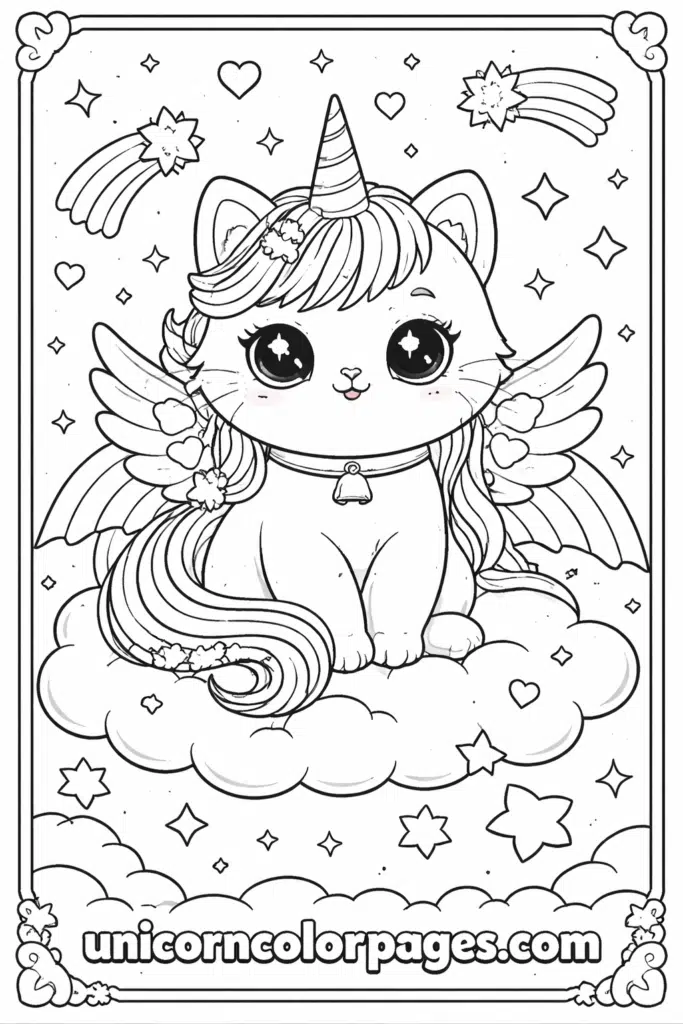 kawaii cat unicorn coloring page printable with cute kitty unicorn design for kids