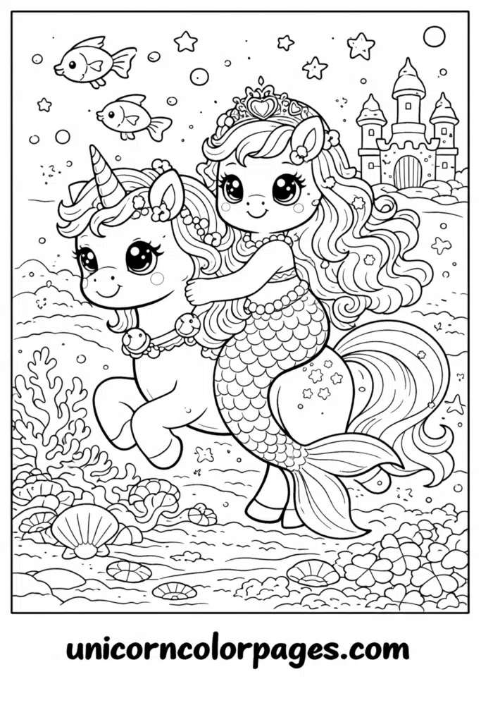 mermaid riding a unicorn coloring page printable with magical ocean fantasy design for kids