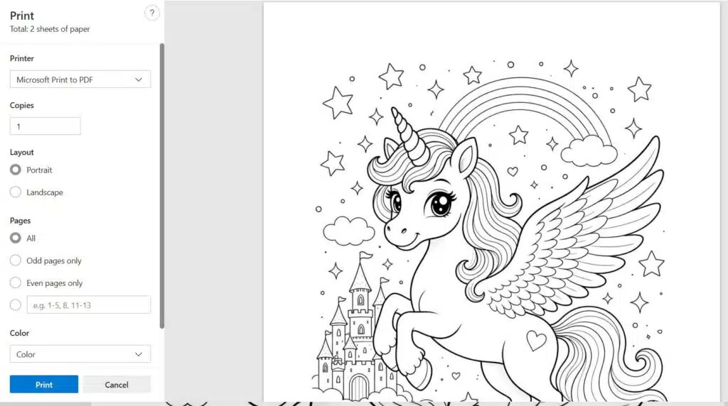 A Screenshot of Unicorn Coloring Pages Website