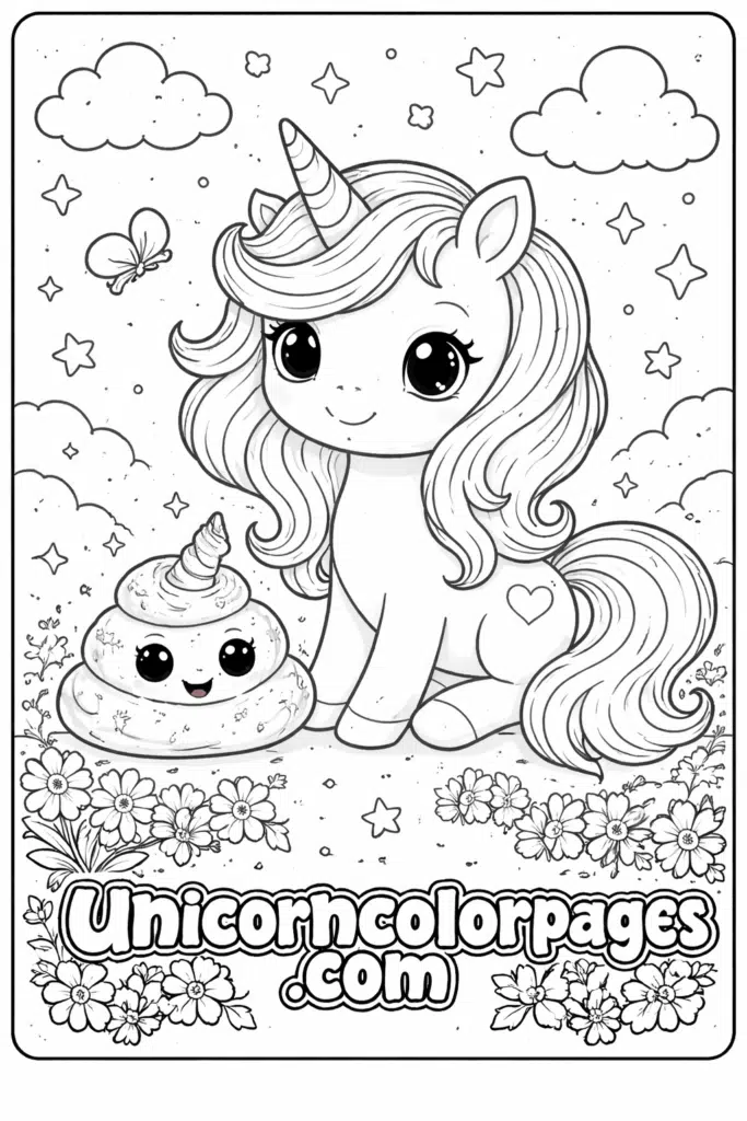 poop emoji unicorn coloring page printable with funny unicorn poop design for kids