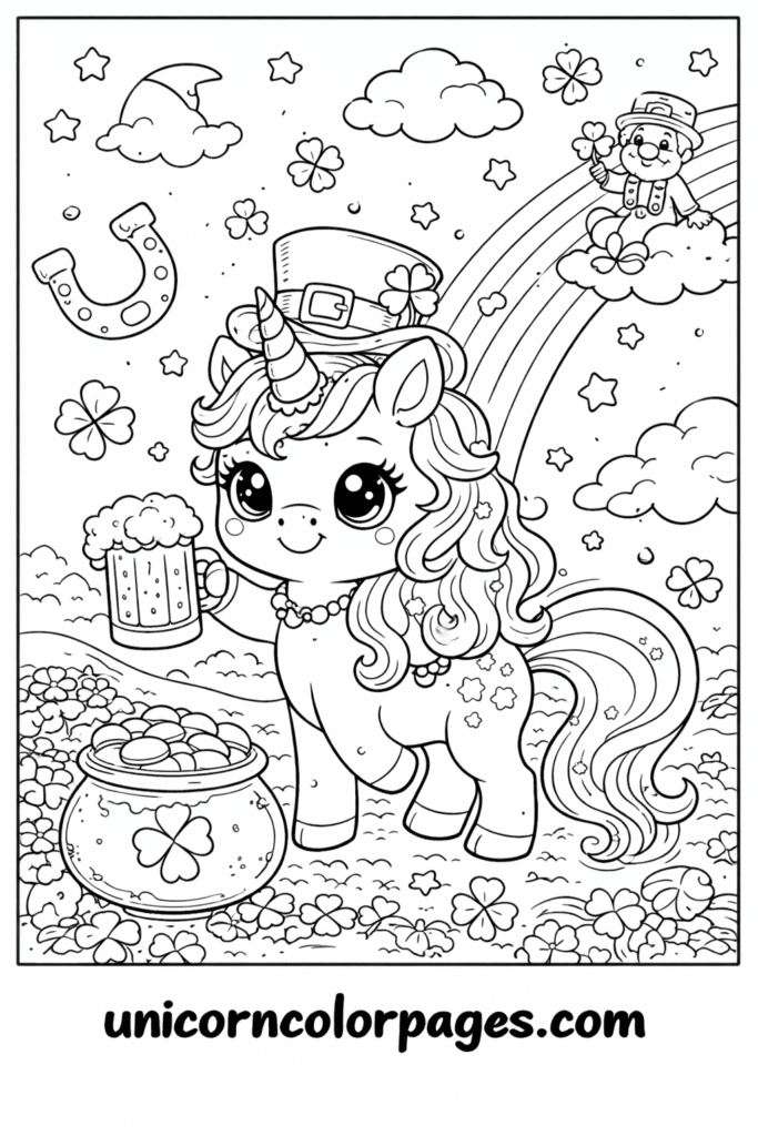 st patrick's day unicorn coloring page printable with rainbow and shamrock design for kids