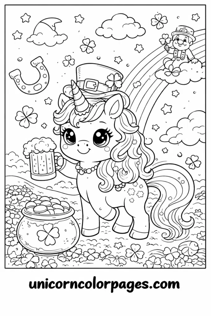 st patrick's day unicorn coloring page printable with rainbow and shamrock design for kids