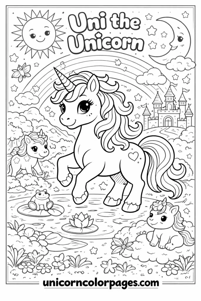 uni the unicorn coloring page printable with cute and simple unicorn design for kids