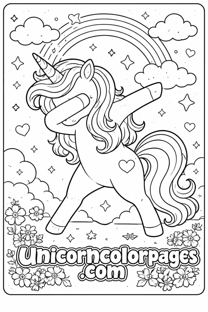 white dabbing unicorn coloring page printable with funny unicorn dab pose for kids